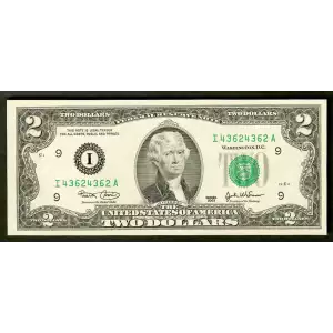 $2 2003 Green seal Small Size $2 Federal Reserve Notes 1937-I
