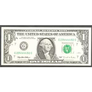 $1 1995 Green seal. Small Size $1 Federal Reserve Notes 1922-G