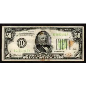 $50 1934 light Green seal. Small Size $50 Federal Reserve Notes 2102-B