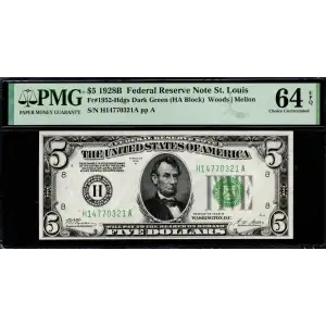 $5 1928-B. Green seal Small Size $5 Federal Reserve Notes 1952-H