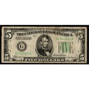 $5 1934-A. blue-Green seal. Small Size $5 Federal Reserve Notes 1957-G