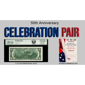 50th Anniversary Celebration Pair: $2 1976 FRN  + Postmarked Commemorative Card