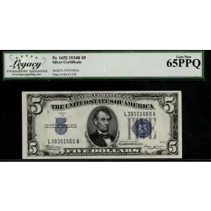 $5 1934-B blue seal. Small Silver Certificates 1652