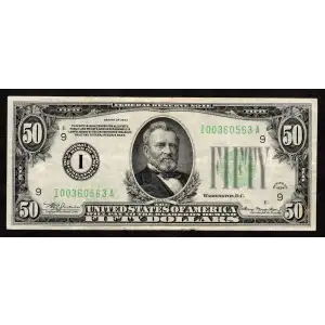 $50 1934 light Green seal. Small Size $50 Federal Reserve Notes 2102-I