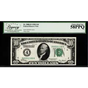 $10 1928 Green Seal Small Size $10 Federal Reserve Notes 2000-D