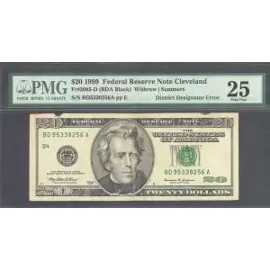 $20 1999 blue-Green seal. Small Size $20 Federal Reserve Notes 2085-D