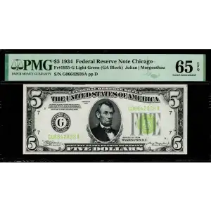 $5 1934 light Green seal. Small Size $5 Federal Reserve Notes 1955-G