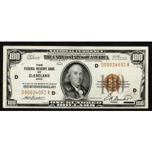 $100 1929 brown seal Small Federal Reserve Bank Notes 1890-D