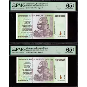CONSEC PAIR: 50 Trillion Dollars 2008 Zimbabwe Sequential Serials PMG Gem 65EPQ (2)