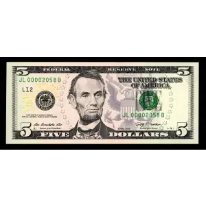 $5 2009  Small Size $5 Federal Reserve Notes 1994-L