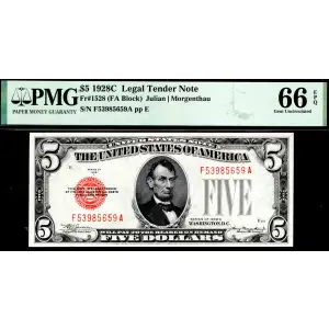 $5 1928-C red seal. Small Legal Tender Notes 1528