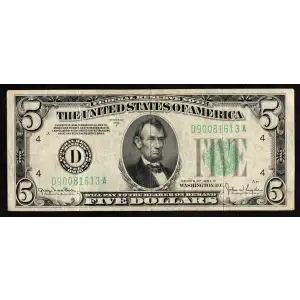 $5 1934-D. blue-Green seal. Small Size $5 Federal Reserve Notes 1960-D