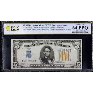 $5 1934-A yellow seal Emergency Notes Issued During WW2 2307