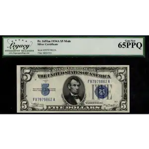 $5 1934-A blue seal. Small Silver Certificates 1651m (2)