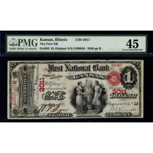 $1 original red with rays, red serial no., without bank charter no. First Charter Period 382