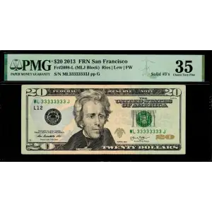 $20 2013 blue-Green seal. Small Size $20 Federal Reserve Notes 2098-L