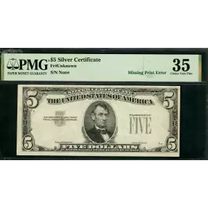 VERY RARE: $5 Silver Certificate MISSING PRINT ERROR PMG Ch VF 35